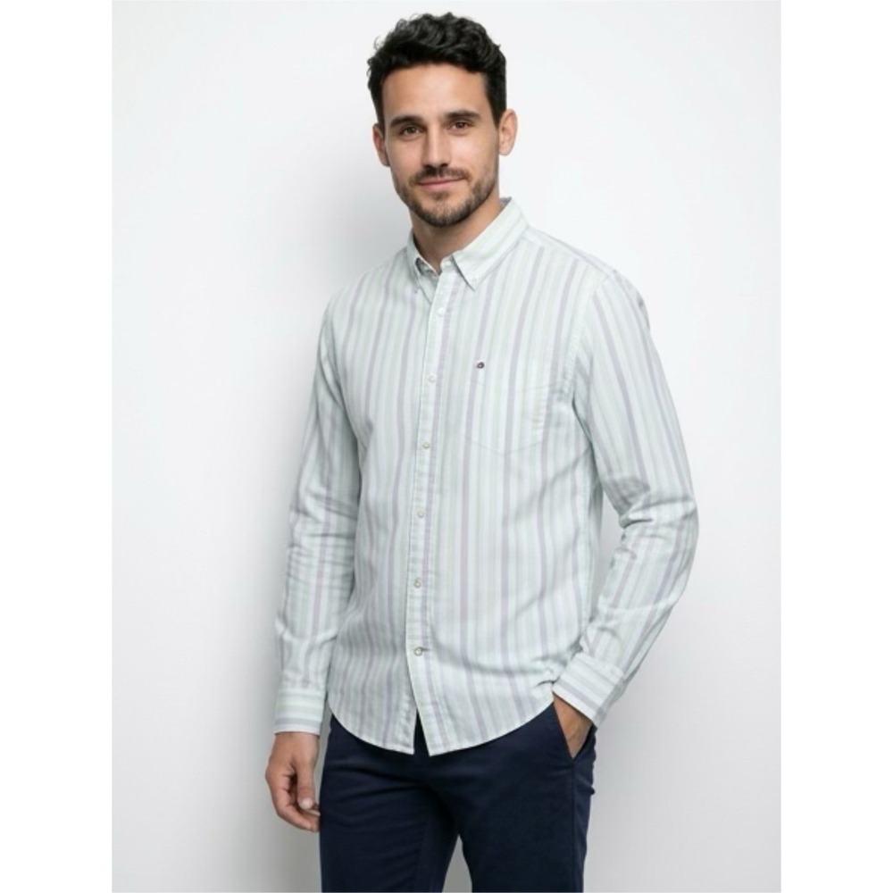 (…2)Tommy Hilfiger Green Blue Stripe MensLong Sleeve Button Down Shirt Size M
